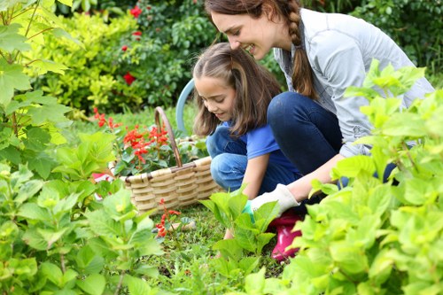 Company team inspecting a community garden