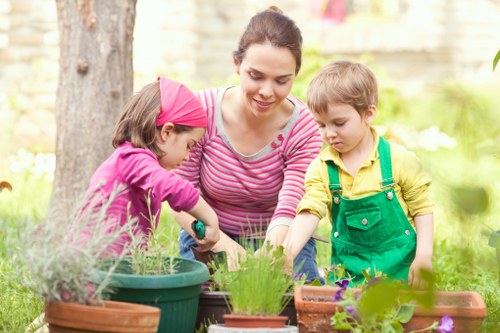 Gardener pruning plants in a lush Belmont garden